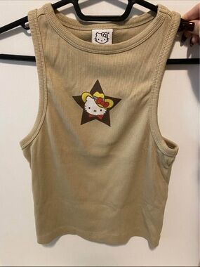 Hello Kitty Beige Ribbed Tank with Star Motif and Yellow Bow